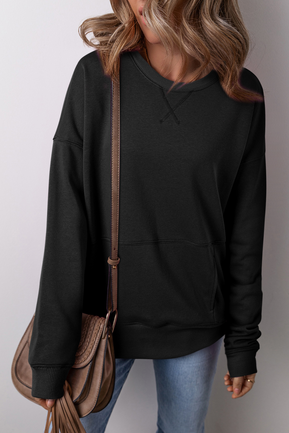 Black Drop Shoulder Crisscross Stitching Pocketed Loose Sweatshirt - loveforevers