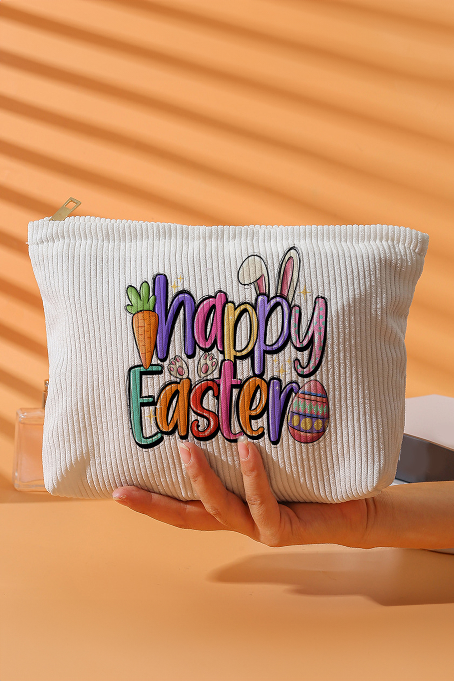 White Happy Easter Playful Printed Corduroy Makeup Bag - loveforevers