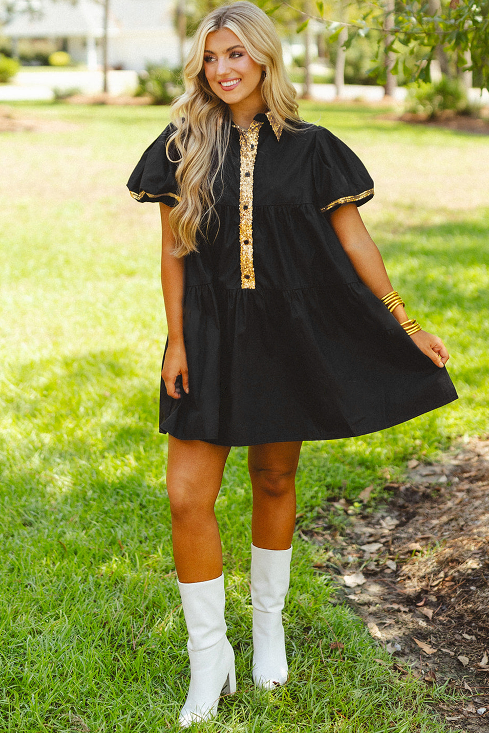 Black Sequin Trim Bubble Sleeve Game Day Shirt Dress - loveforevers