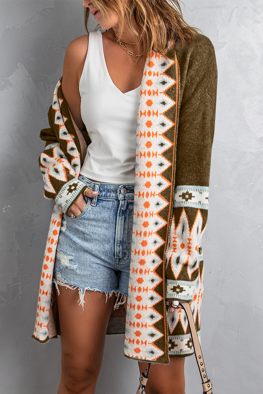 Brown Aztec Print Open Front Knitted Cardigan - loveforevers