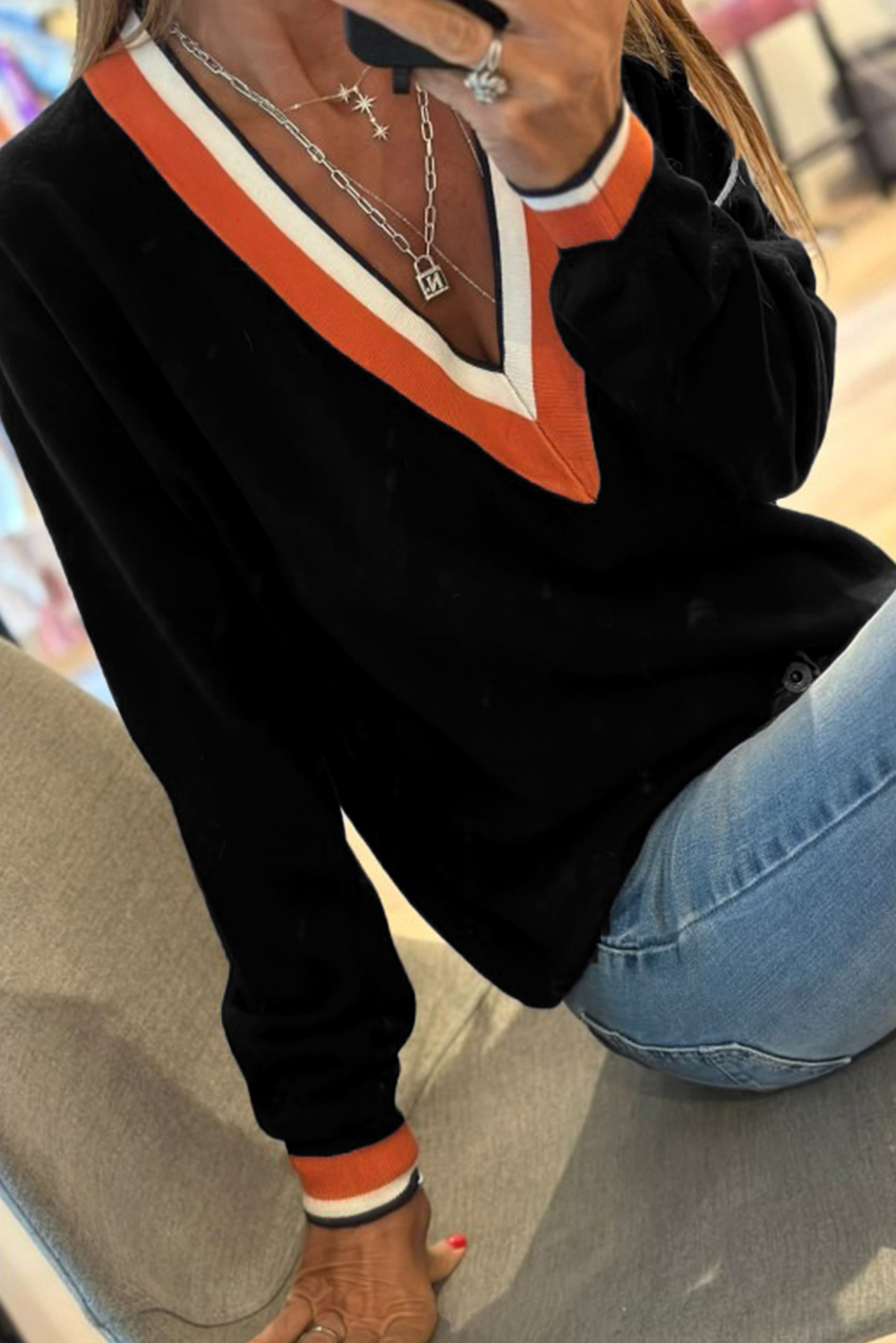 Black Contrast Striped Trim V Neck Varsity Sweater - loveforevers
