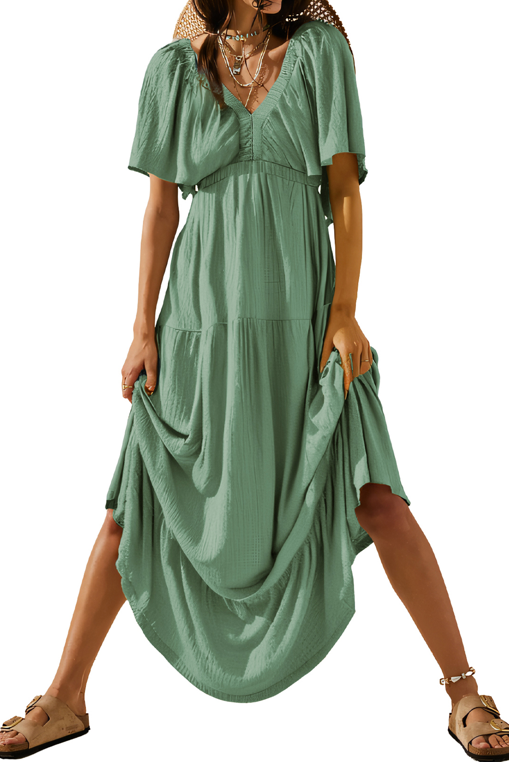 Grass Green Textured V Neck Flutter Sleeve Ruffled Maxi Dress - loveforevers