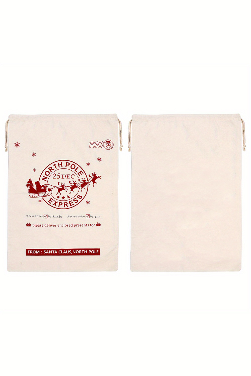 White Christmas Santa Claus Elk Letter Print Drawstring Gift Sack Bag - loveforevers