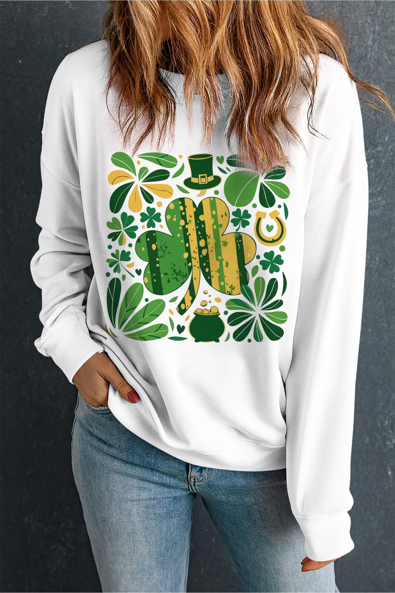 White St Patricks Day Clover Clipart Graphic Sweatshirt - loveforevers