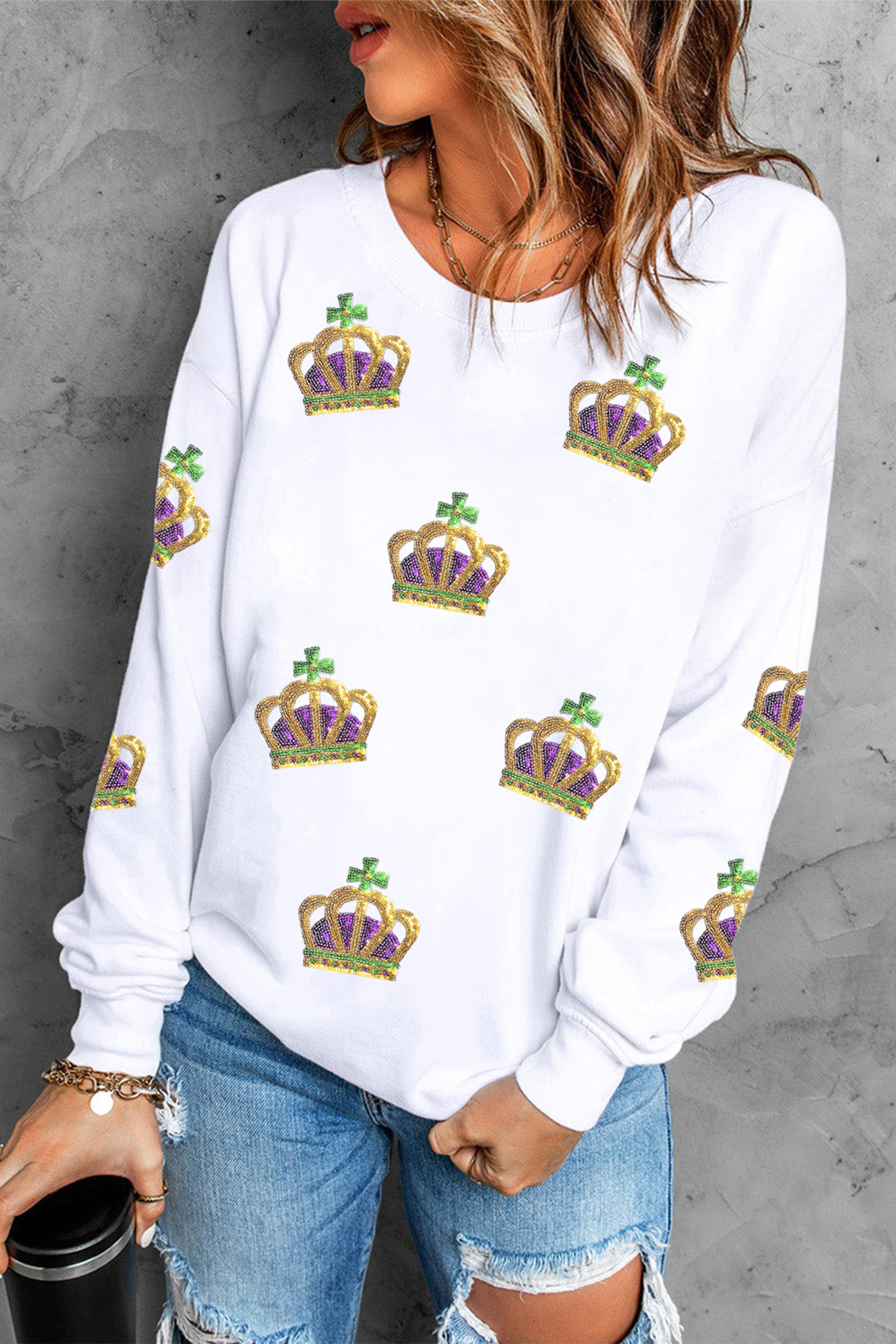 White Sequin Mardi Gras Crown Dropped Shoulder Sweatshirt - loveforevers
