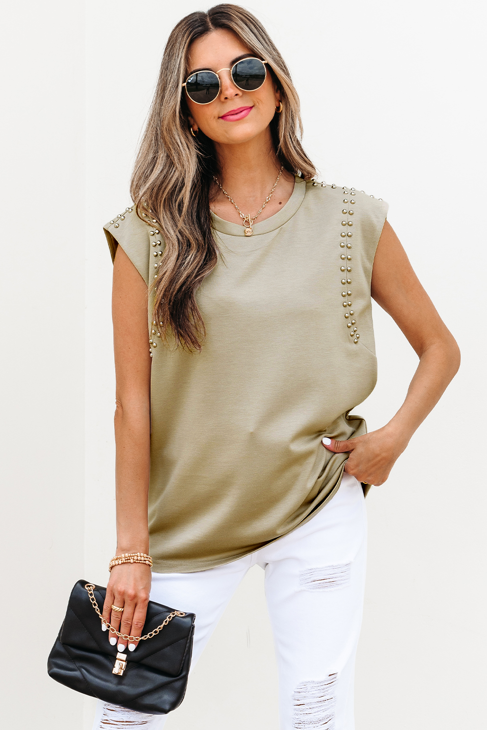 Sage Green Studded Cap Sleeve Round Neck T Shirt - loveforevers