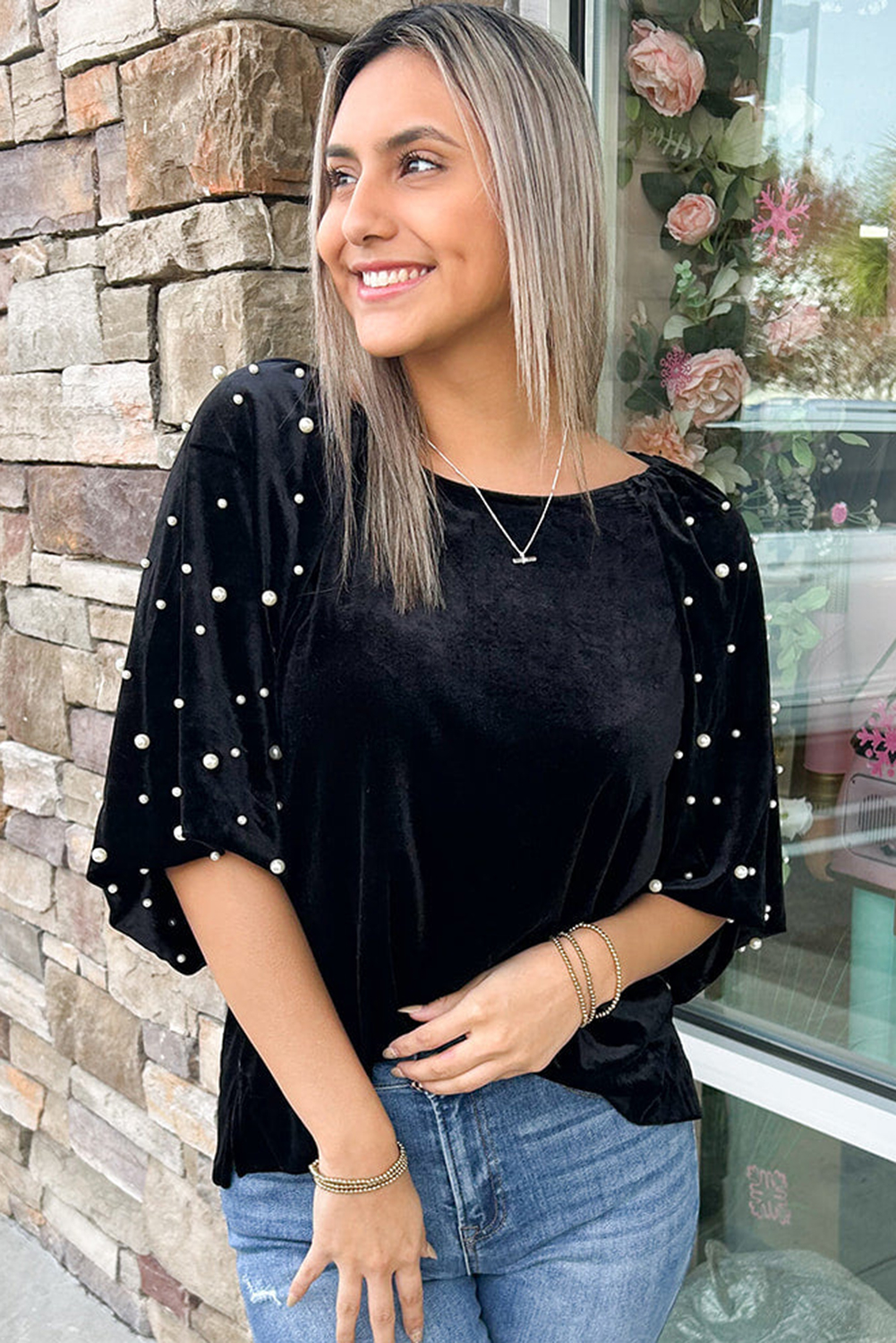 Black Pearl Beaded Half Sleeve Velvet Top - loveforevers