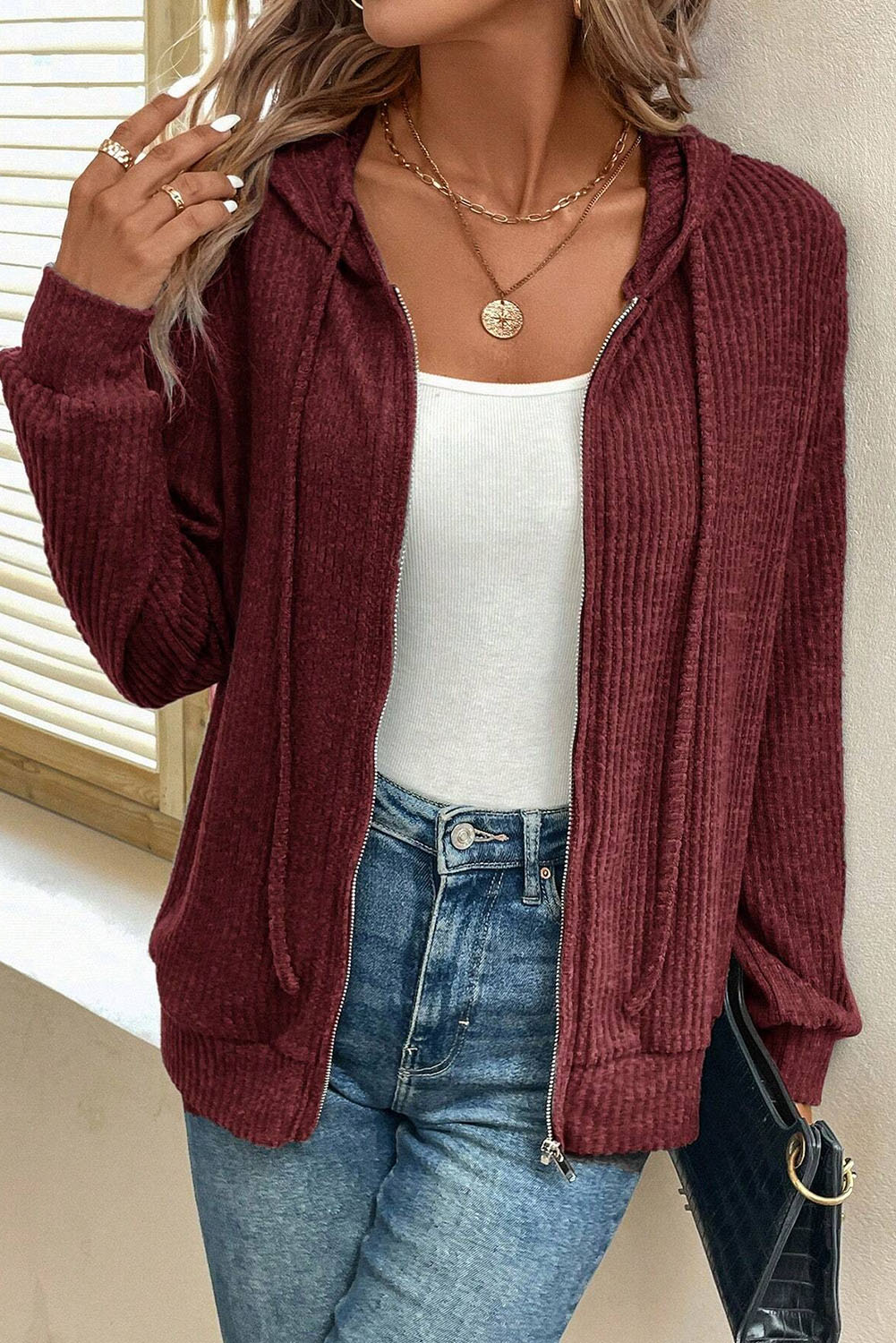 Dark Grey Ribbed Zip Up Front Drawstring Hoodie - loveforevers