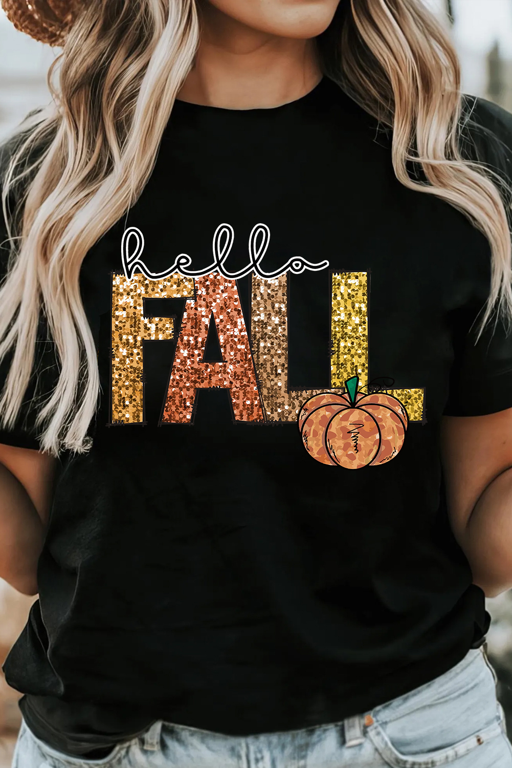 Black Hello Fall Letter Pumpkin Printed Thanksgiving T Shirt - loveforevers