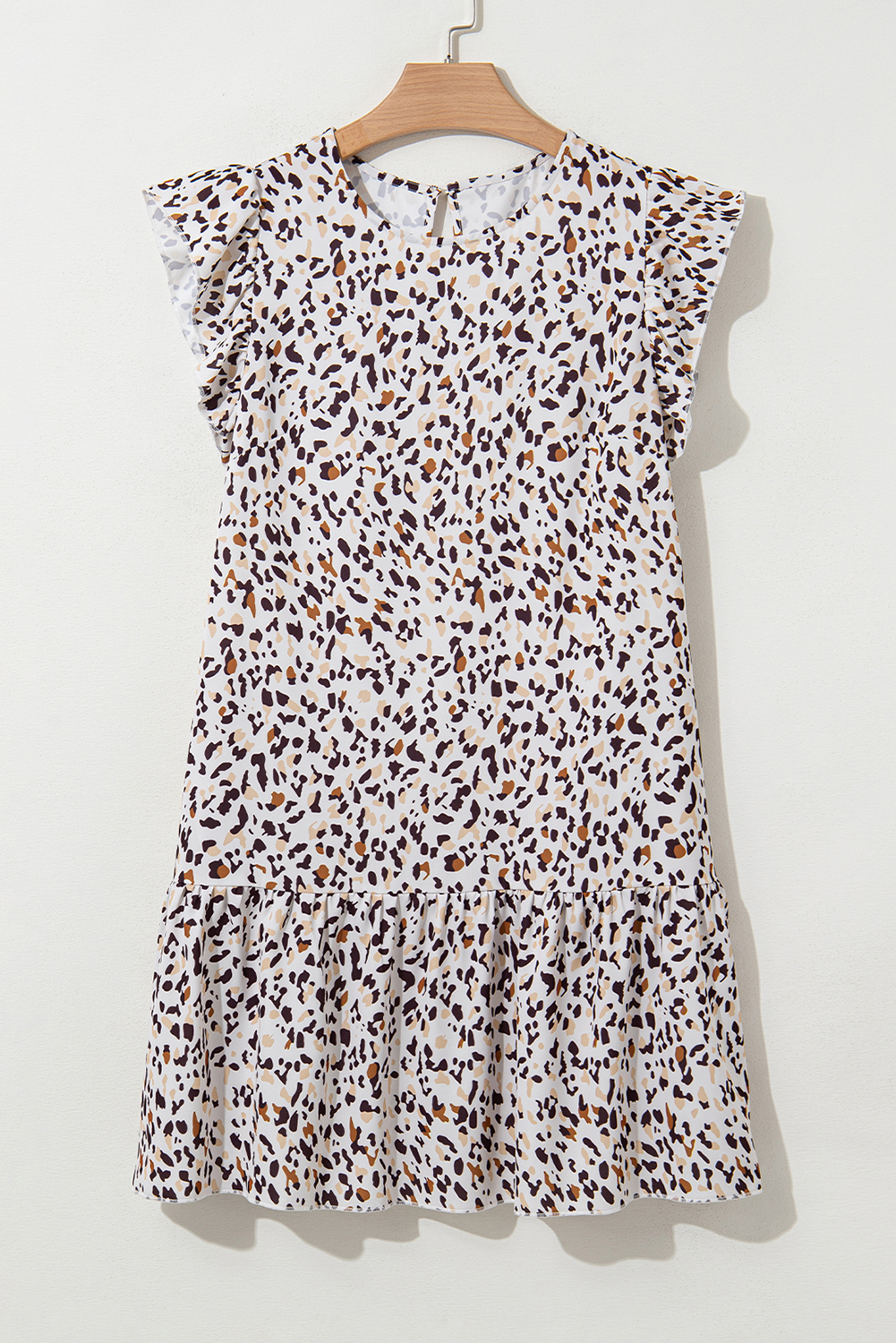 Khaki Leopard Ruffled Flutter Sleeve Keyhole Back Mini Dress - loveforevers