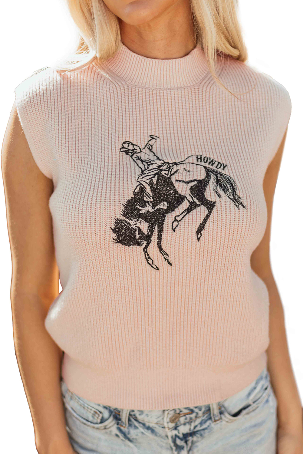 Black Western Cowboy Embroidery Round Neck Sleeveless Sweater - loveforevers