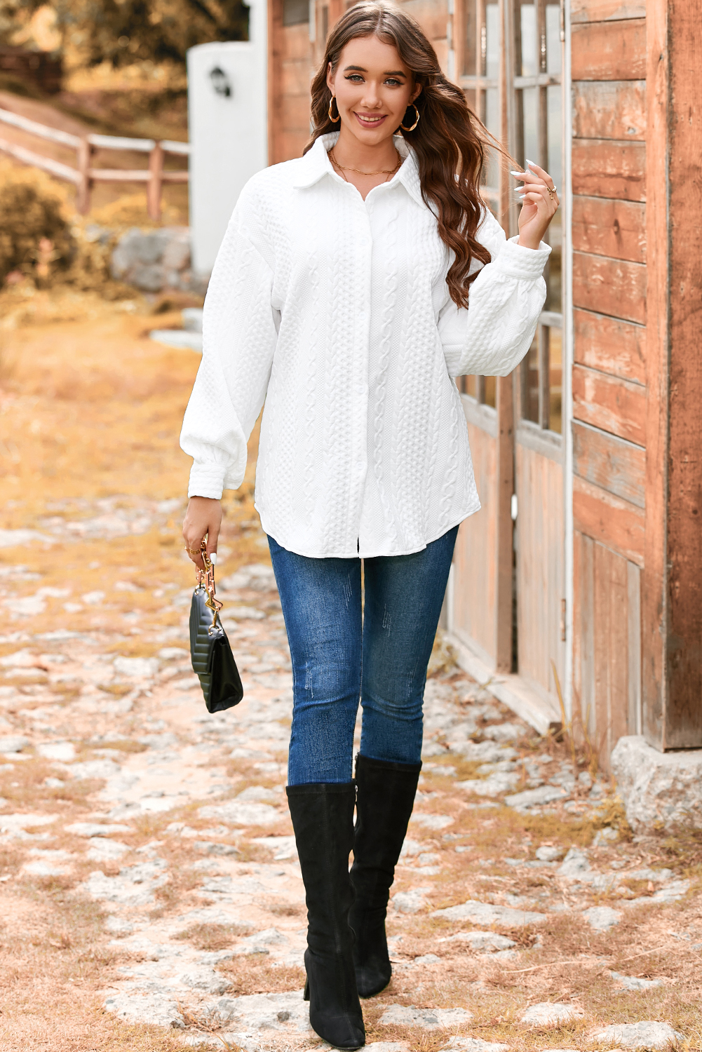 Sepia Rose Cable Texture Puff Sleeve Loose Shacket - loveforevers