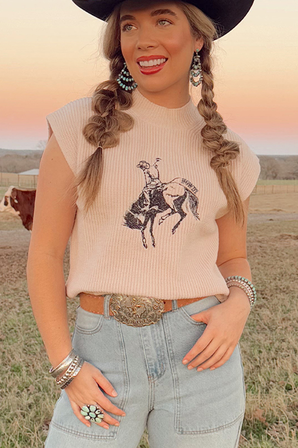 Black Western Cowboy Embroidery Round Neck Sleeveless Sweater - loveforevers