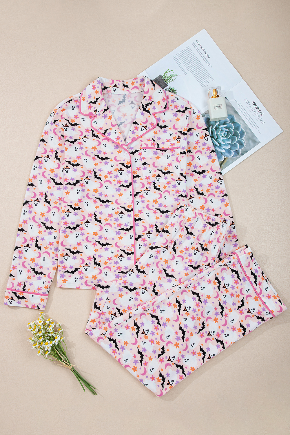 Pink Halloween Eve Haunted Honey Bat Print Pajama Set - loveforevers