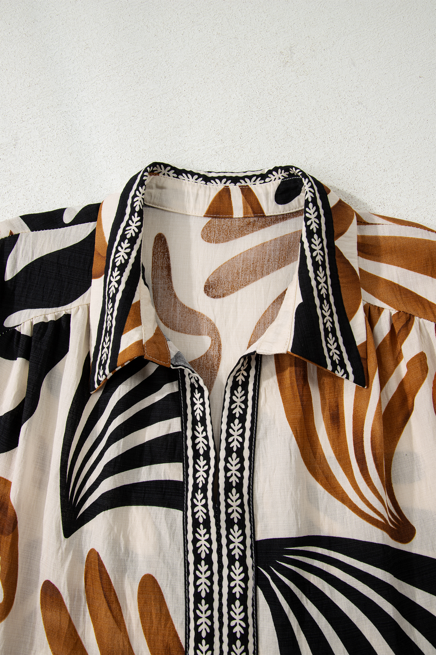 Brown Tropical Printed Contrast Trim Neck Long Sleeve Ruffle Hem Dress - loveforevers