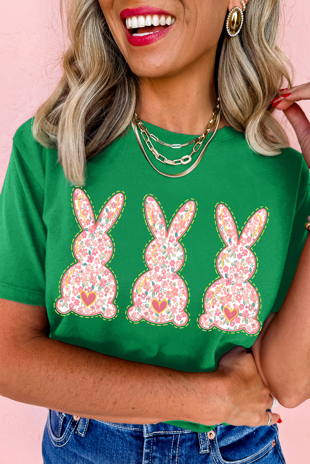 Bright Green Easter Floral Rabbit Print Crew Neck T Shirt - loveforevers