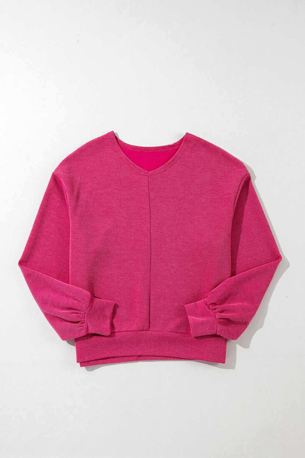 Rose Red Textured Long Sleeve V Neck Top - loveforevers