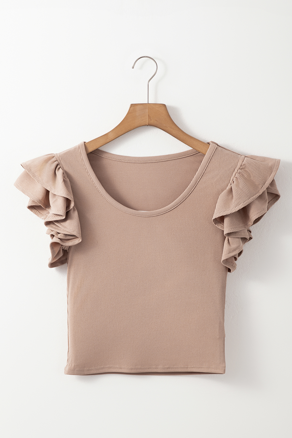 Smoke Gray Ribbed Knit Ruffled Shoulder Slim Fit Tank Top - loveforevers