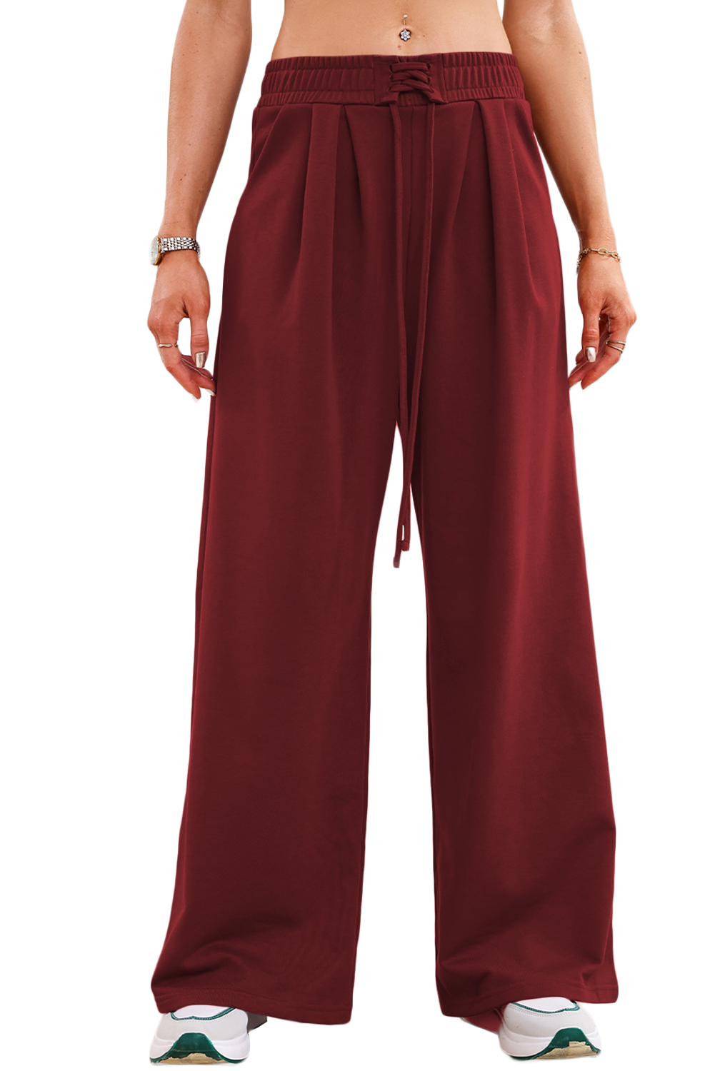 Burgundy Tied Elastic High Waist Pleated Detail Solid Sweatpants - loveforevers