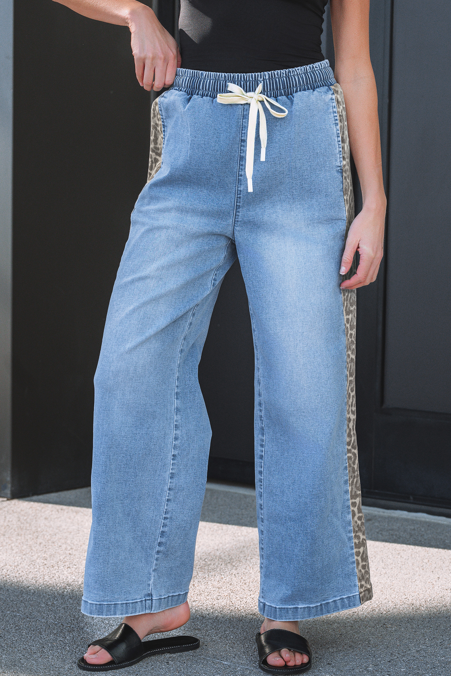 Beau Blue Drawstring Elastic Waist Leopard Striped Side Panel Wide Leg Jeans - loveforevers