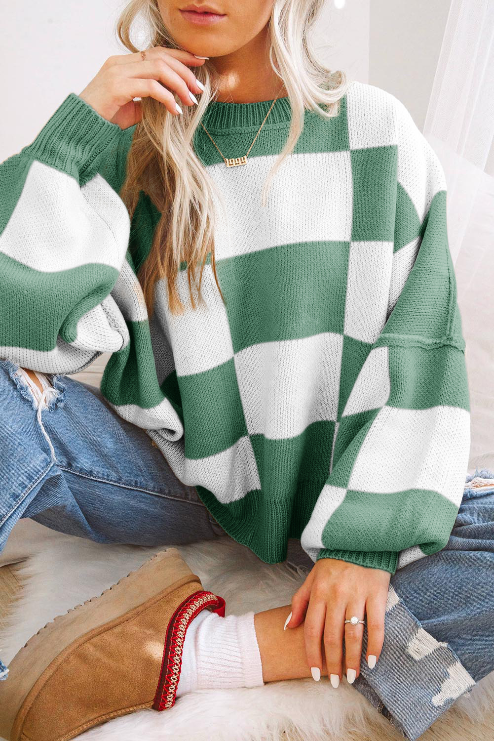 Green Checkered Bishop Sleeve Sweater - loveforevers