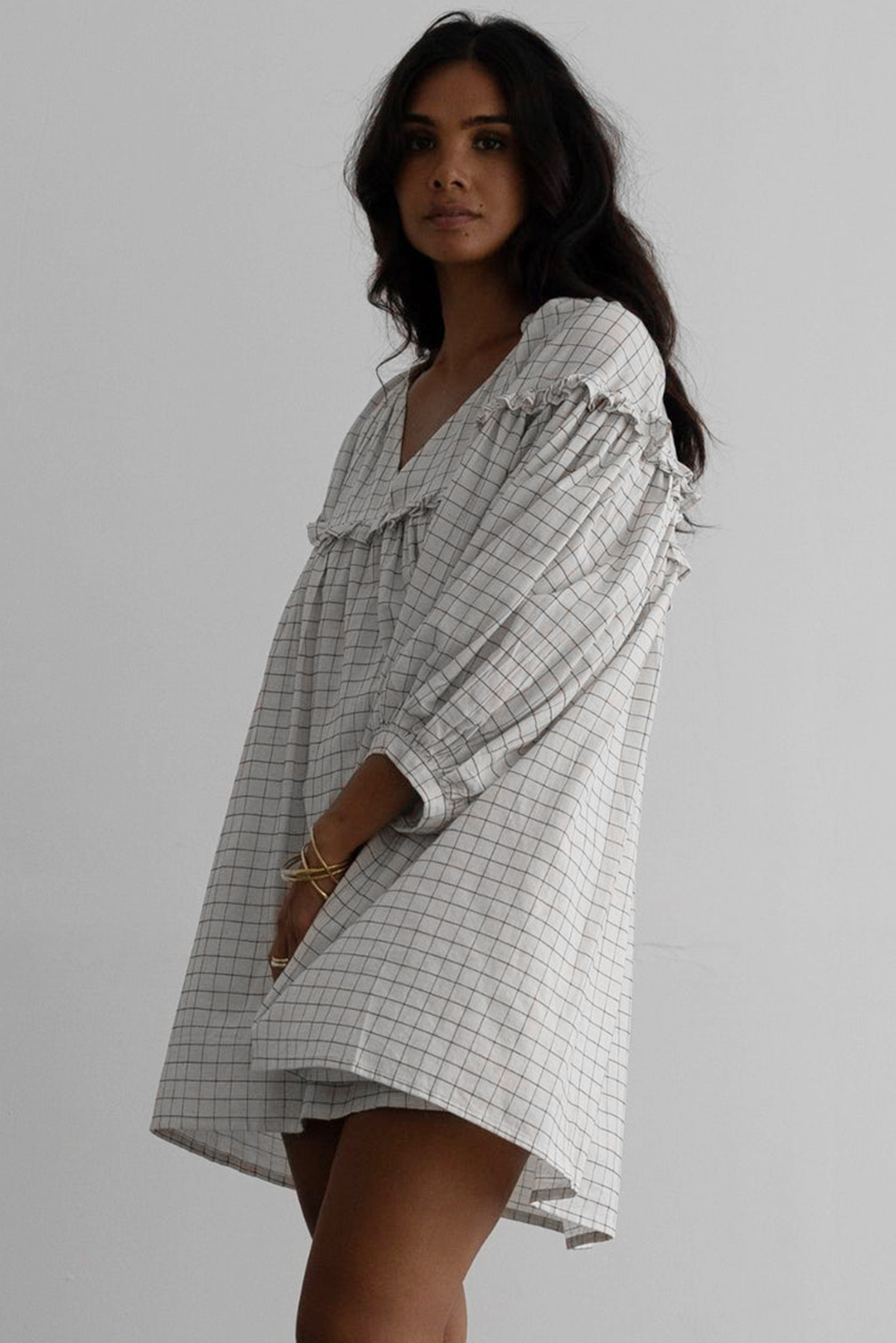 White Stripe Checkered Frilled V Neck Bracelet Sleeve Babydoll Dress - loveforevers