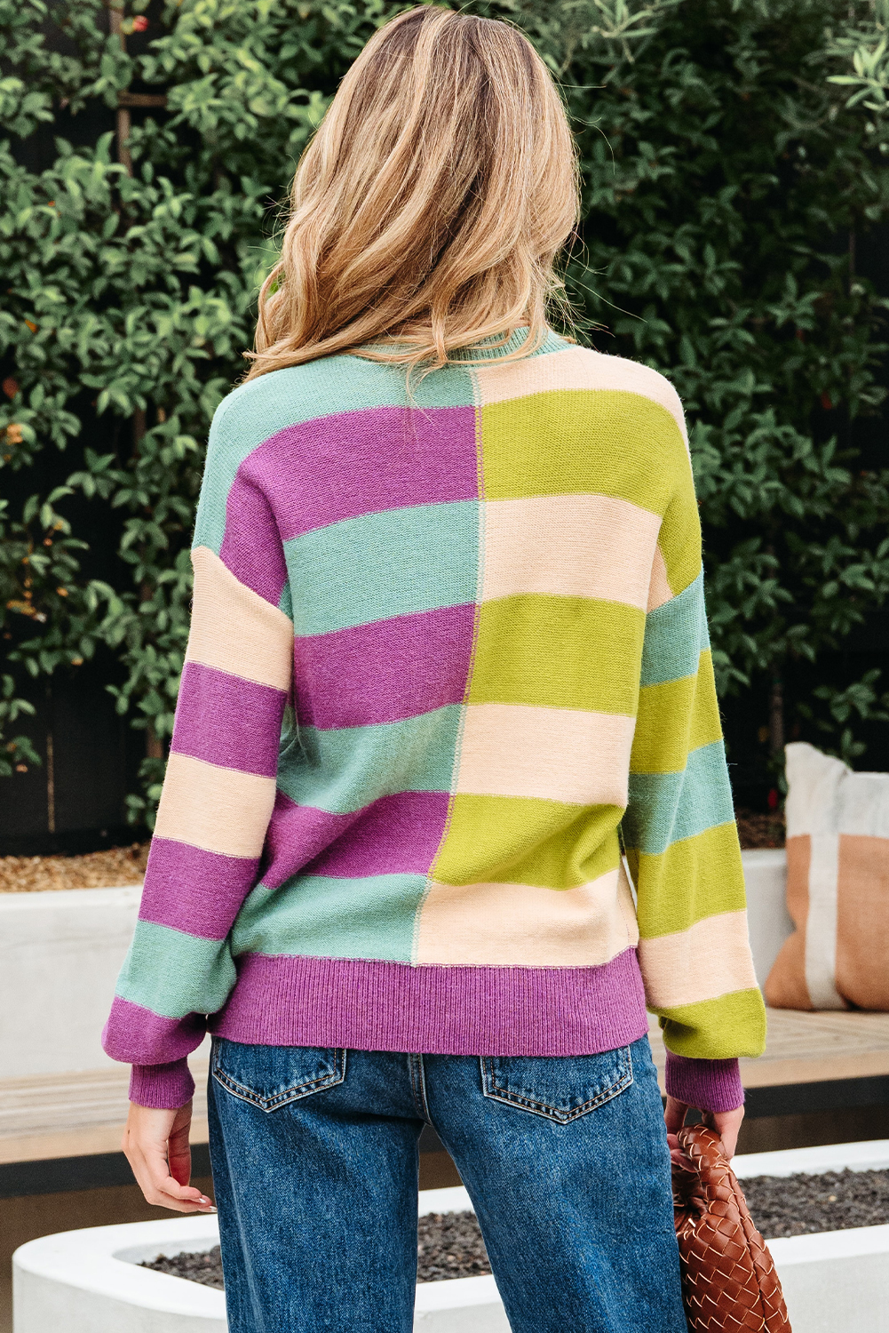 Green Stripe Drop Shoulder Ribbed Edge Casual Sweater - loveforevers