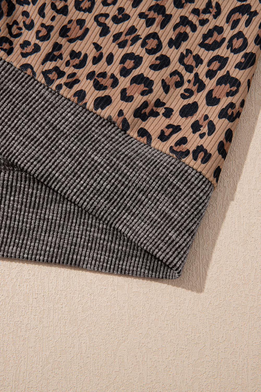 Khaki Ribbed Leopard Print Contrast Collar Zip Hooded Pullover Sweatshirt - loveforevers
