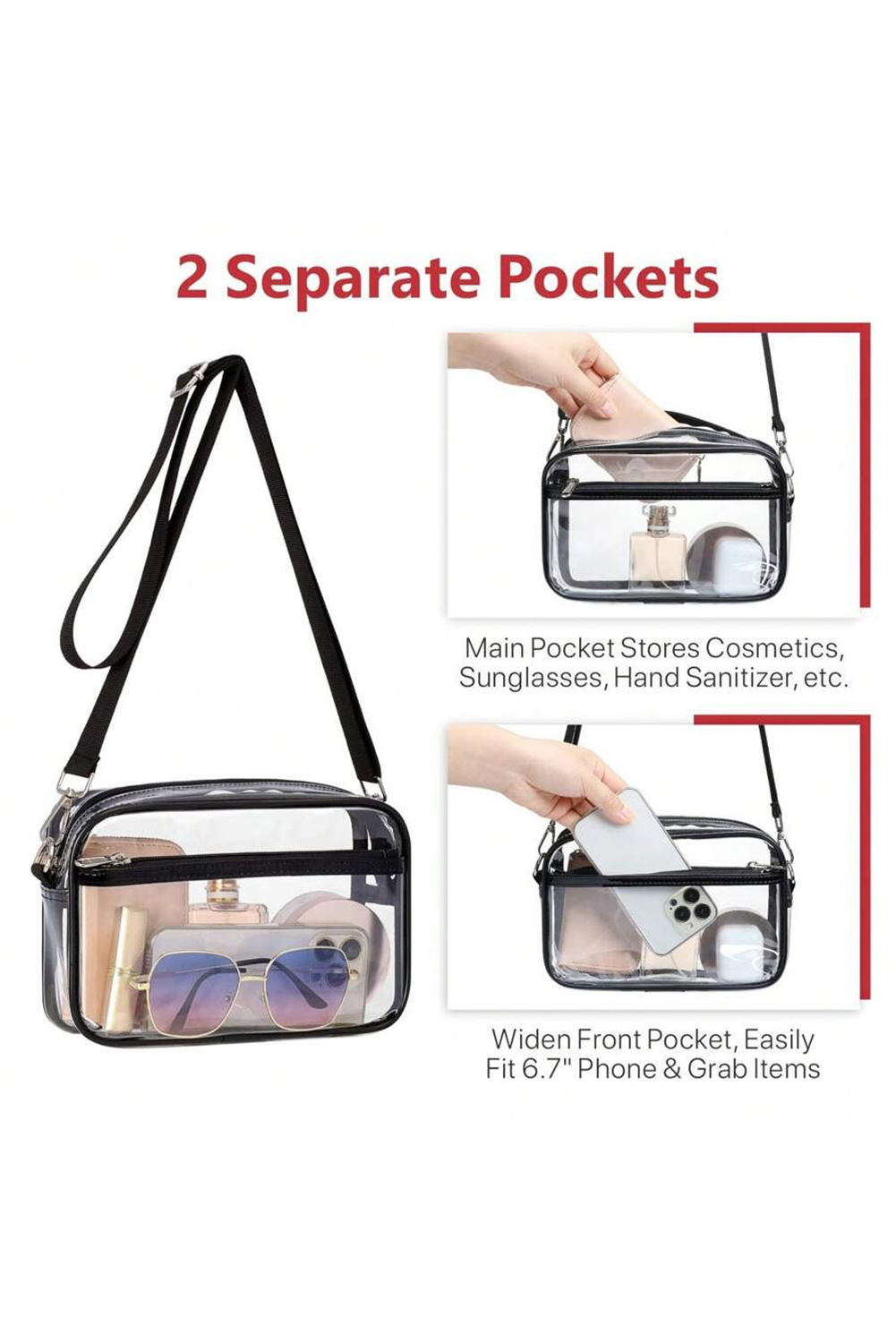 Gray Multi-Pocket Contrast Edge Detachable Strap Clear Shoulder Bag - loveforevers