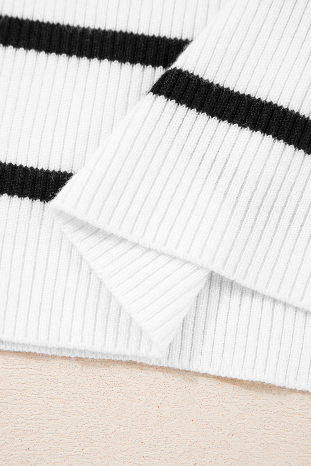 Black white Scalloped Trim U Neck Striped Ribbed Slim Sweater - loveforevers
