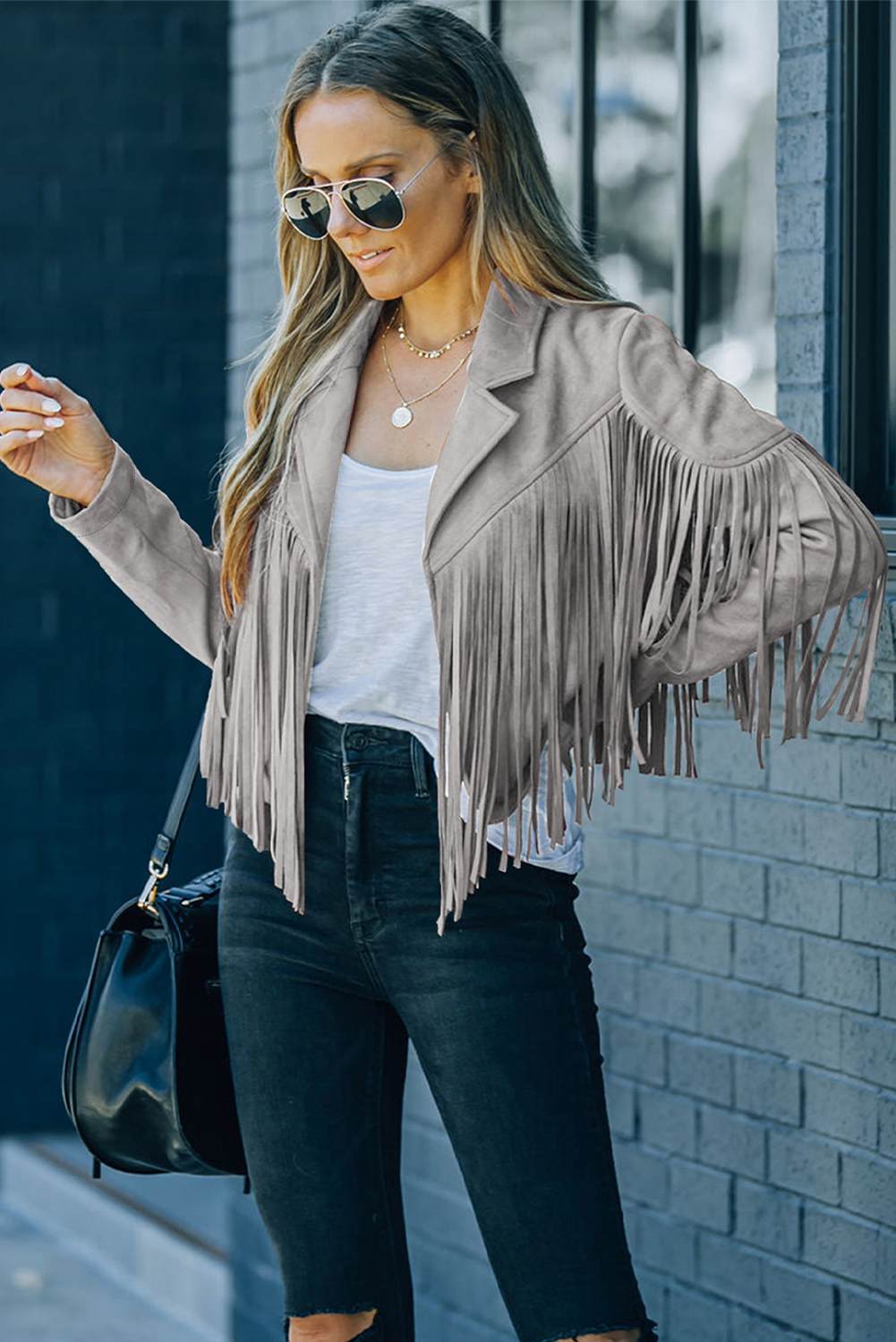 Gray Cropped Fringe Faux Suede Jacket - loveforevers