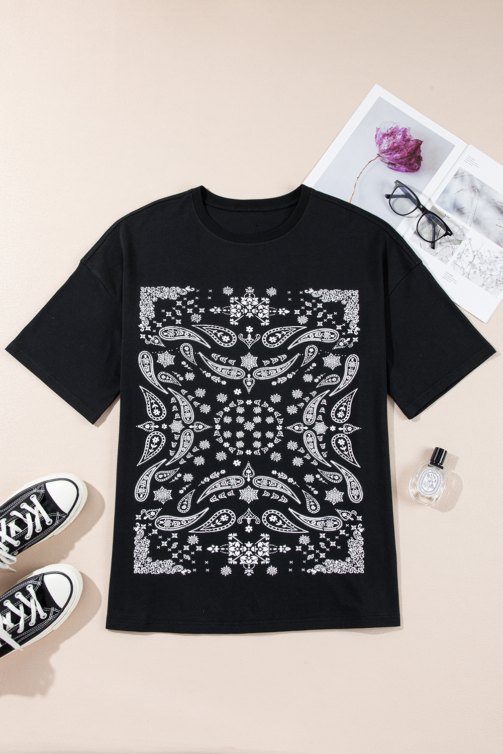 Black Paisley Print Crew Neck Loose Fit Tunic Tee - loveforevers