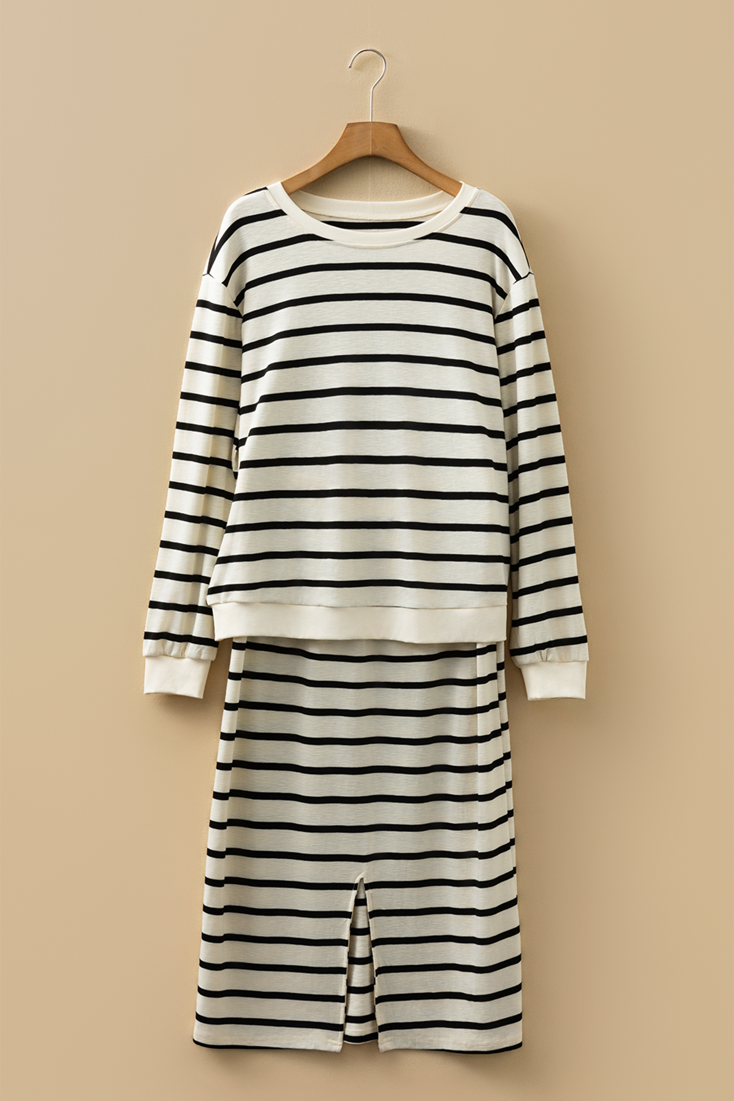Black Stripe Ribbed Trim Button Cuff Long Sleeve Top Midi Skirt 2pcs Outfit - loveforevers