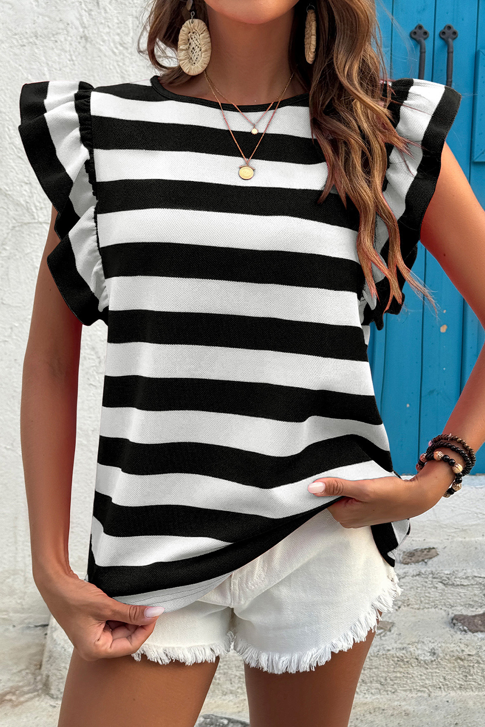 Green Stripe Flutter Sleeve Round Neck Shift Dress - loveforevers