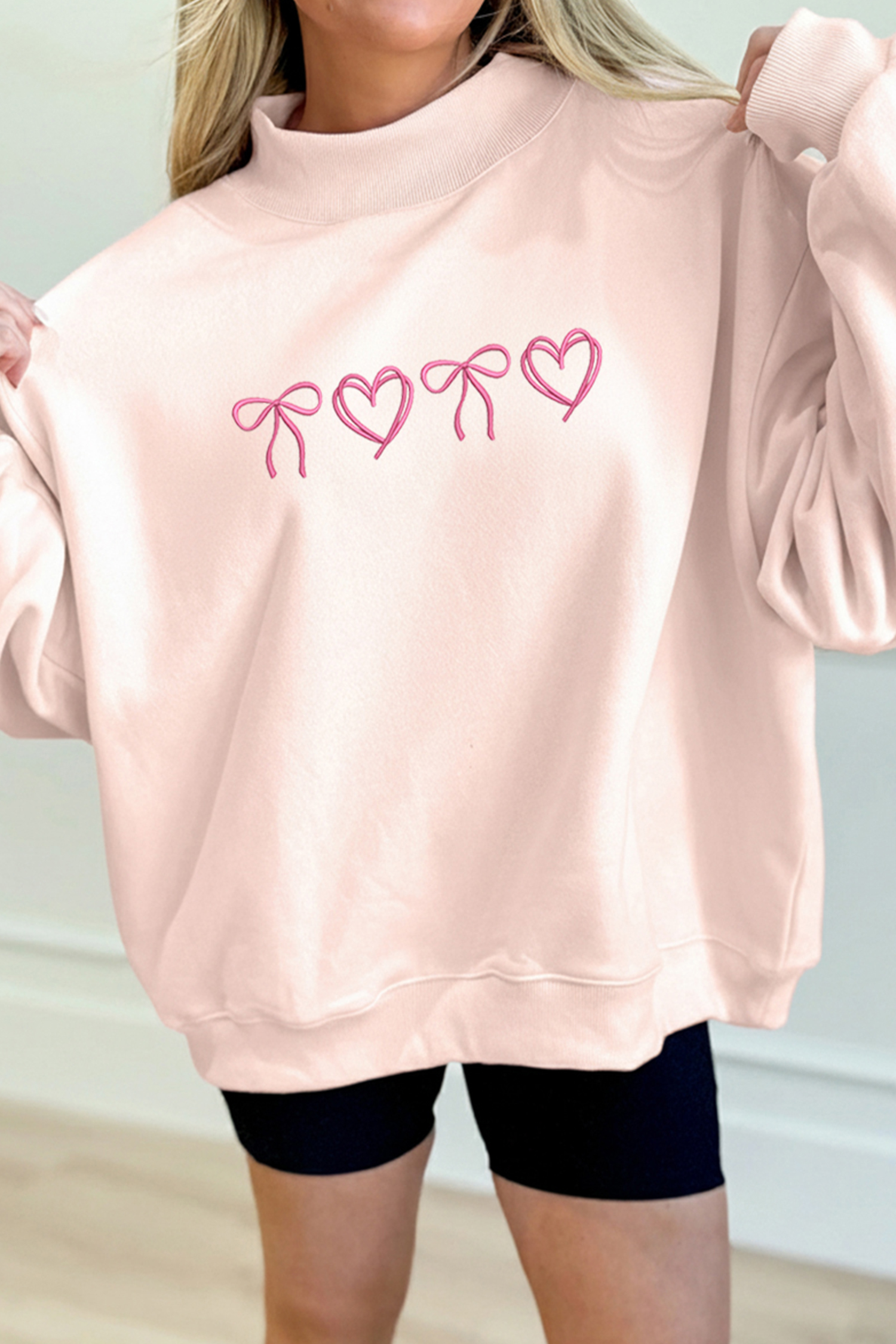Apricot Pink Valentines Bow Heart Embroidered Mock Neck Sweatshirt - loveforevers