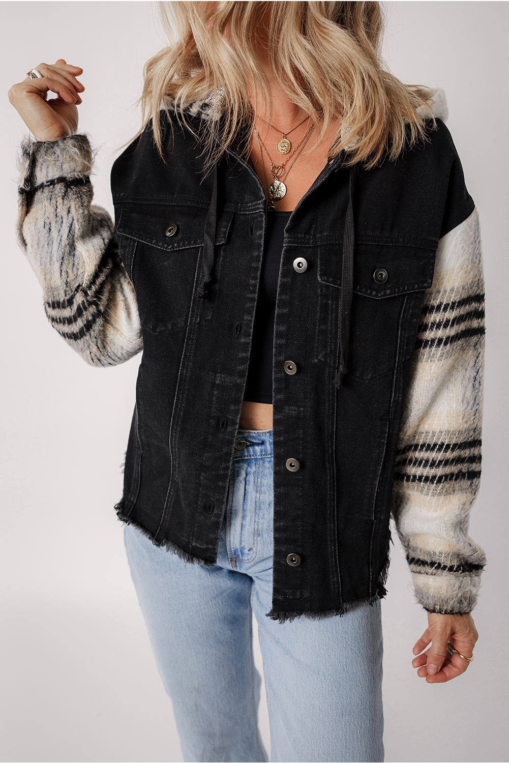 Black Plaid Sleeve Frayed Hem Hooded Denim Jacket - loveforevers