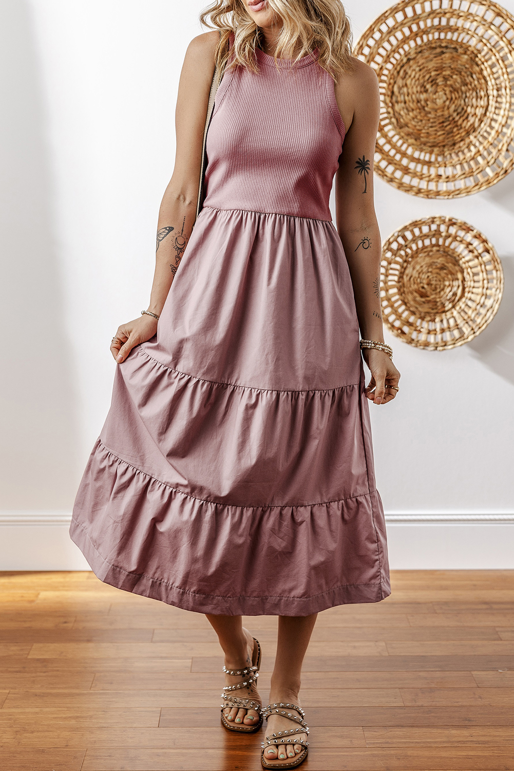 Sepia Rose Ribbed Vest Patchwork Tiered Midi Dress with Pockets - loveforevers