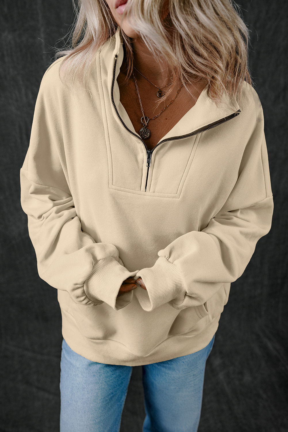 Bonbon Zip-up Stand Neck Kangaroo Pocket Sweatshirt - loveforevers