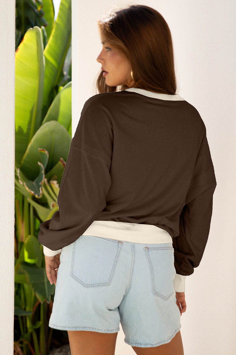 Beige Raw Edge Flower Patch Drop Shoulder Casual Top - loveforevers