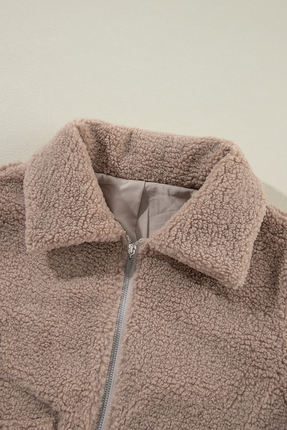 Light French Beige Zipper Pocketed Winter Fuzzy Jacket - loveforevers