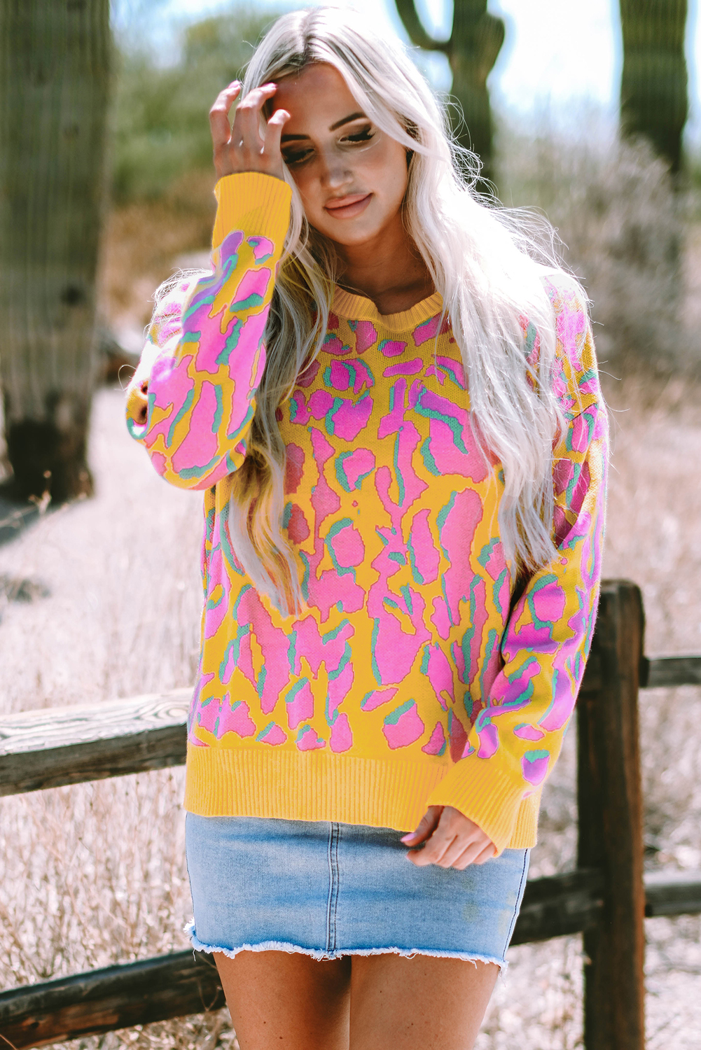 Green Abstract Print Ribbed Trim Baggy Sweater - loveforevers