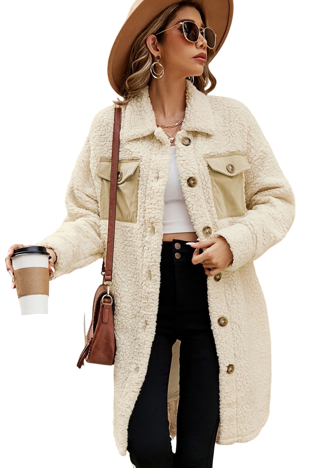 Beige Contrast Flap Pocket Single Breasted Teddy Coat - loveforevers