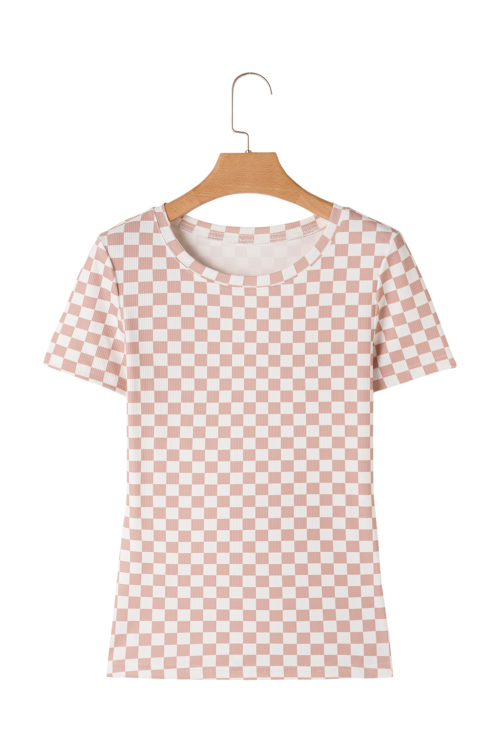 Pink Checkered Ribbed Slim Fit Crew Neck T Shirt - loveforevers