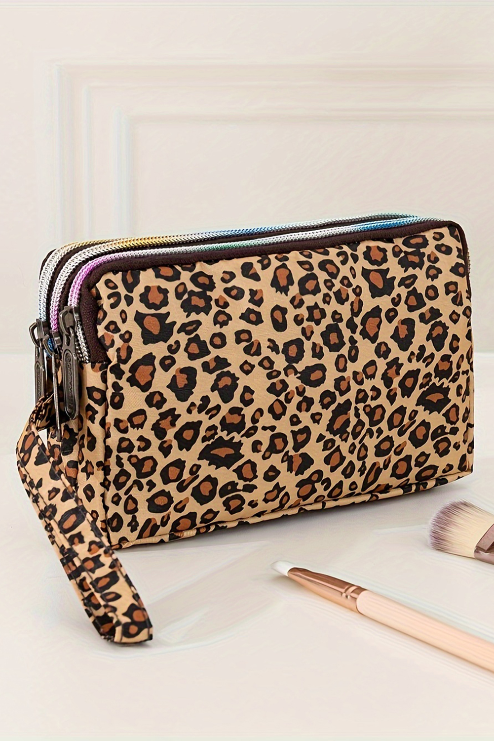 Brown Leopard Print PU Leather Wristlet Zipper Makeup Bag - loveforevers