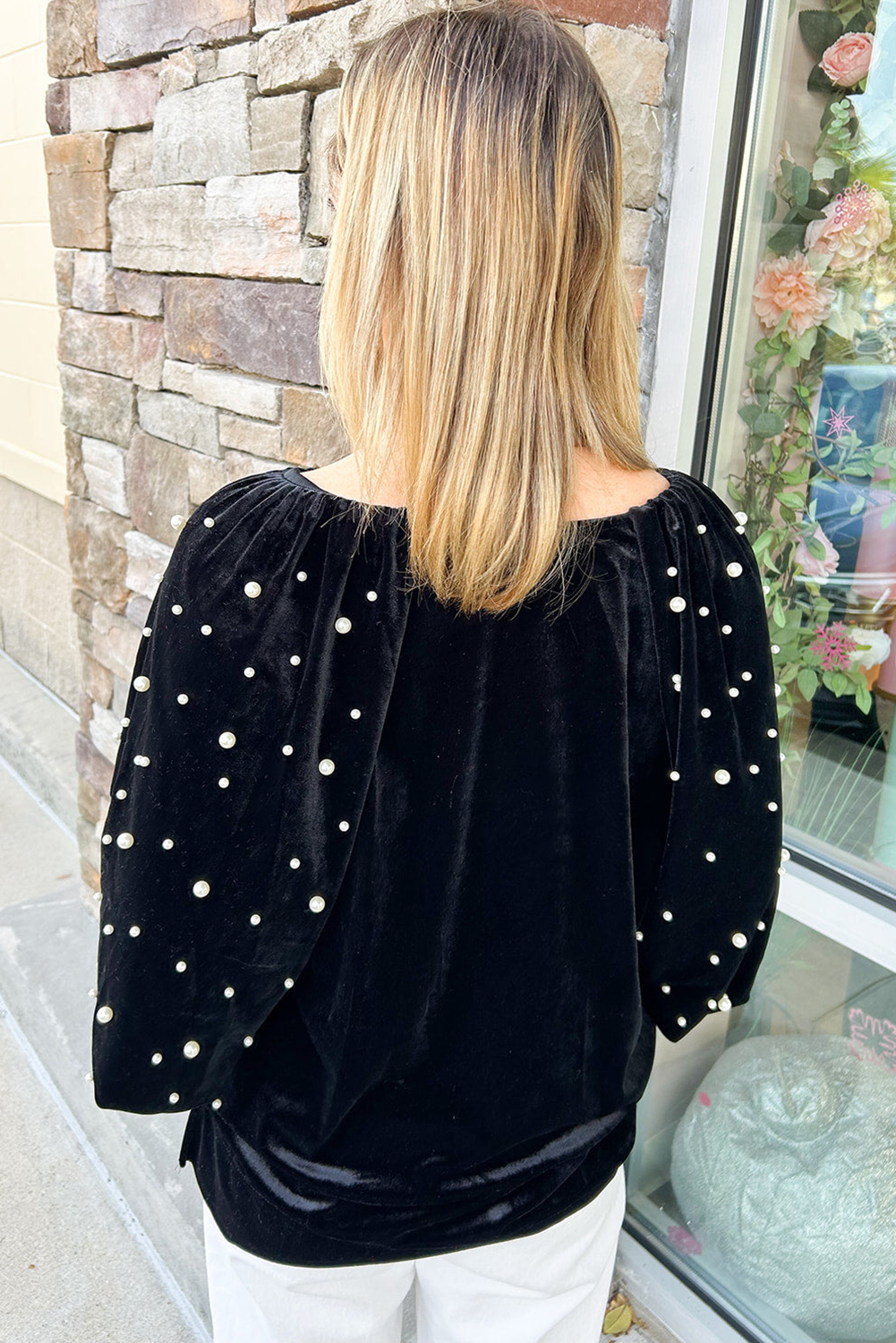 Black Pearl Beaded Half Sleeve Velvet Top - loveforevers