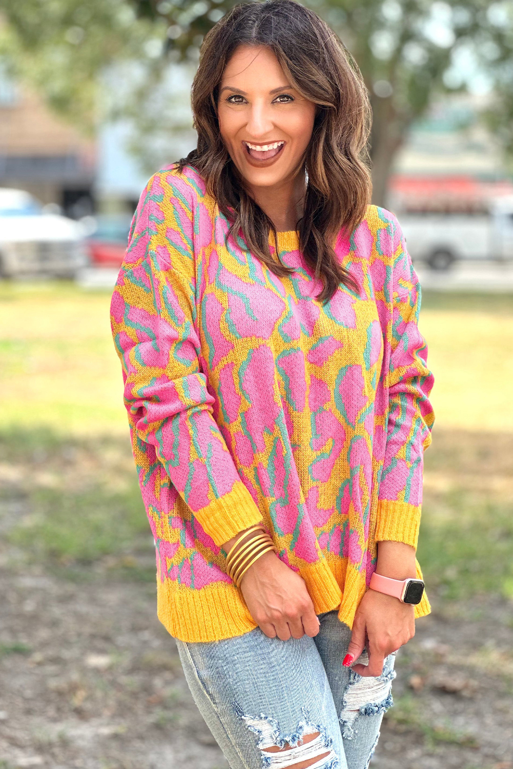 Green Abstract Print Ribbed Trim Baggy Sweater - loveforevers