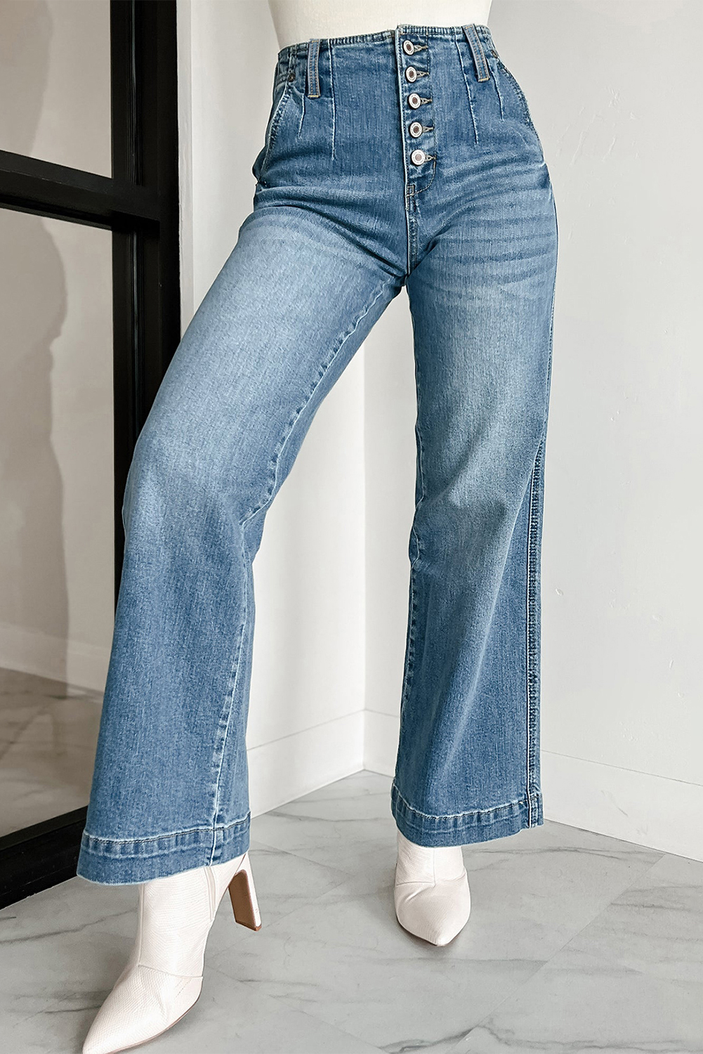 Dusk Blue Multi Buttons Medium Wash Straight Loose Leg Jeans - loveforevers