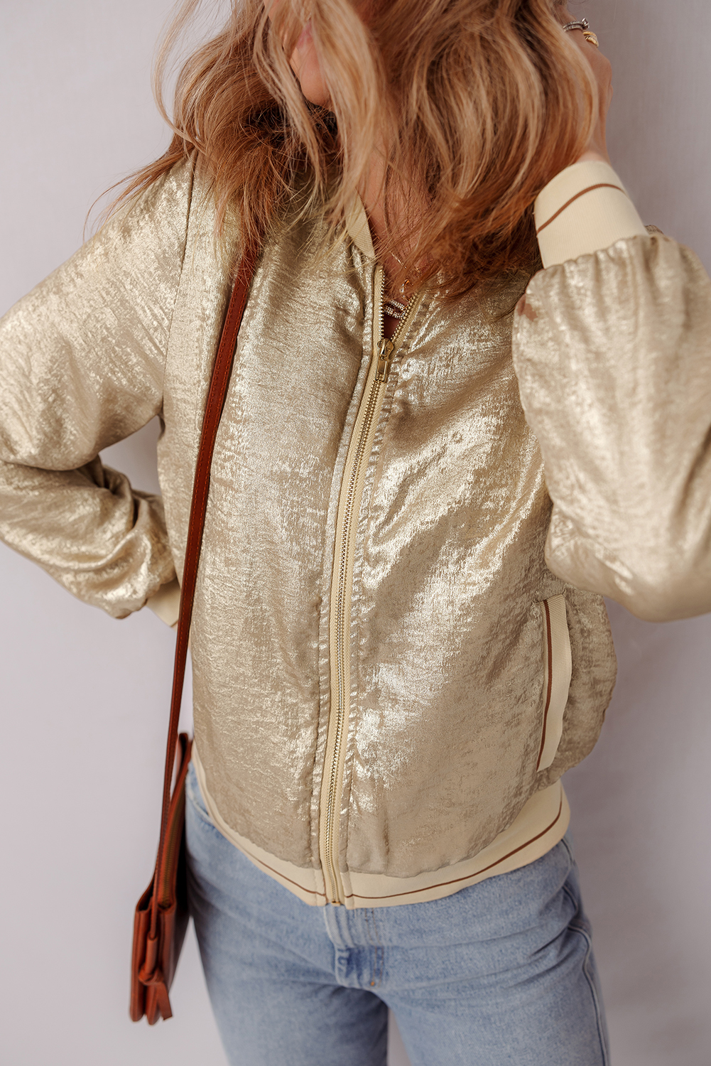 Pale Khaki Metallic Zip up Baseball Jacket - loveforevers