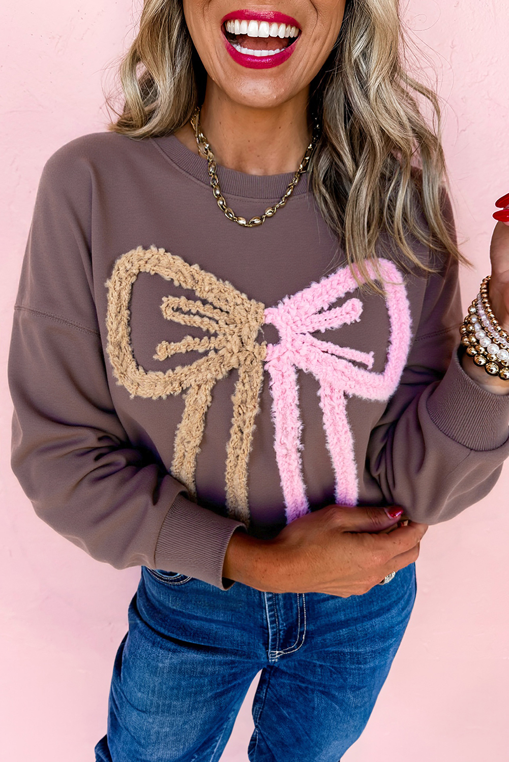 Dark Khaki Contrast Terry Bow Pattern Drop Shoulder Sweatshirt - loveforevers