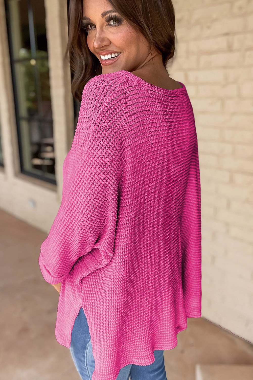 White Waffle Knit Side Slits Loose Fit V Neck Top - loveforevers